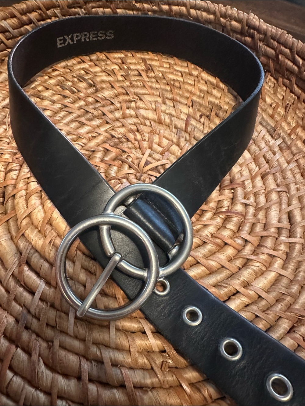 Express Black Leather Women's Belt with Double Silver Rings Size S